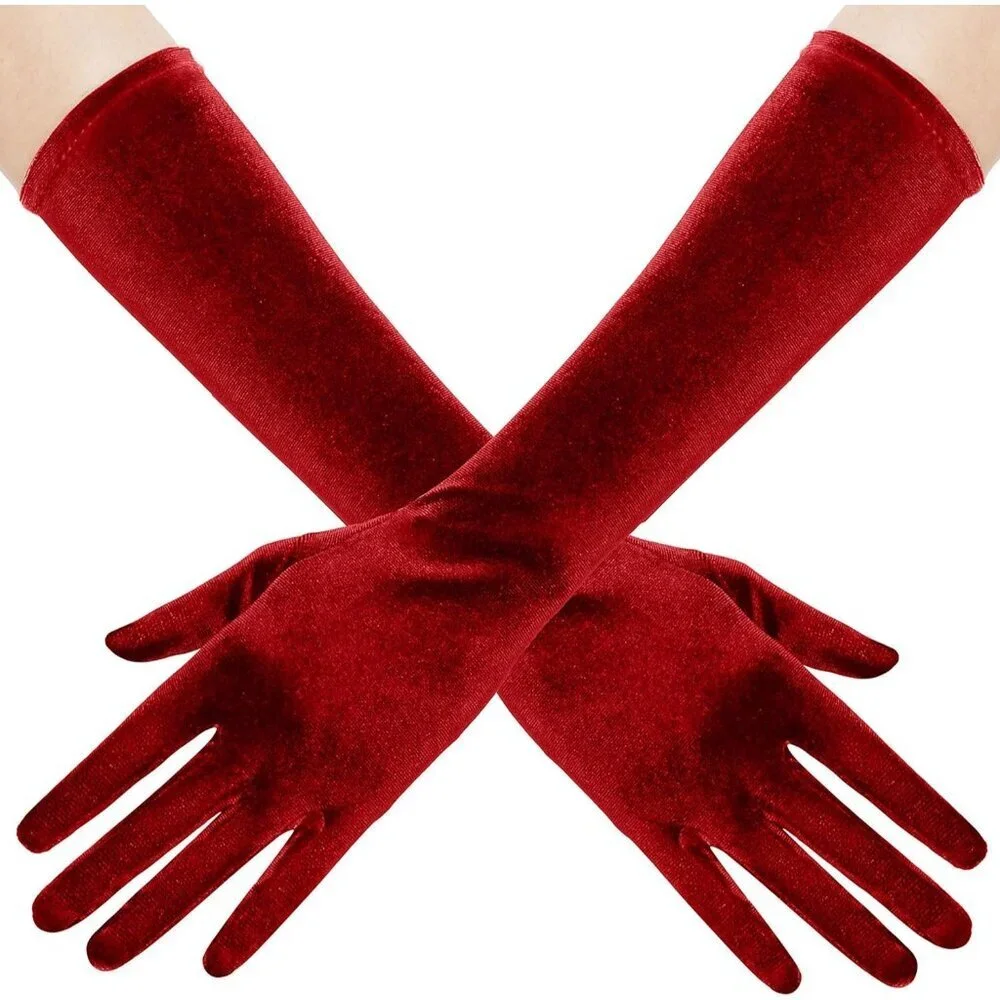 Women's Red Short Velvet Gloves Design Flapper Party Tea Costume Accessories